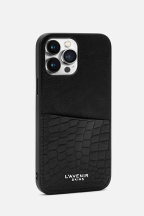 Iphone Case - Card Pocket - Black & Black Croco Print