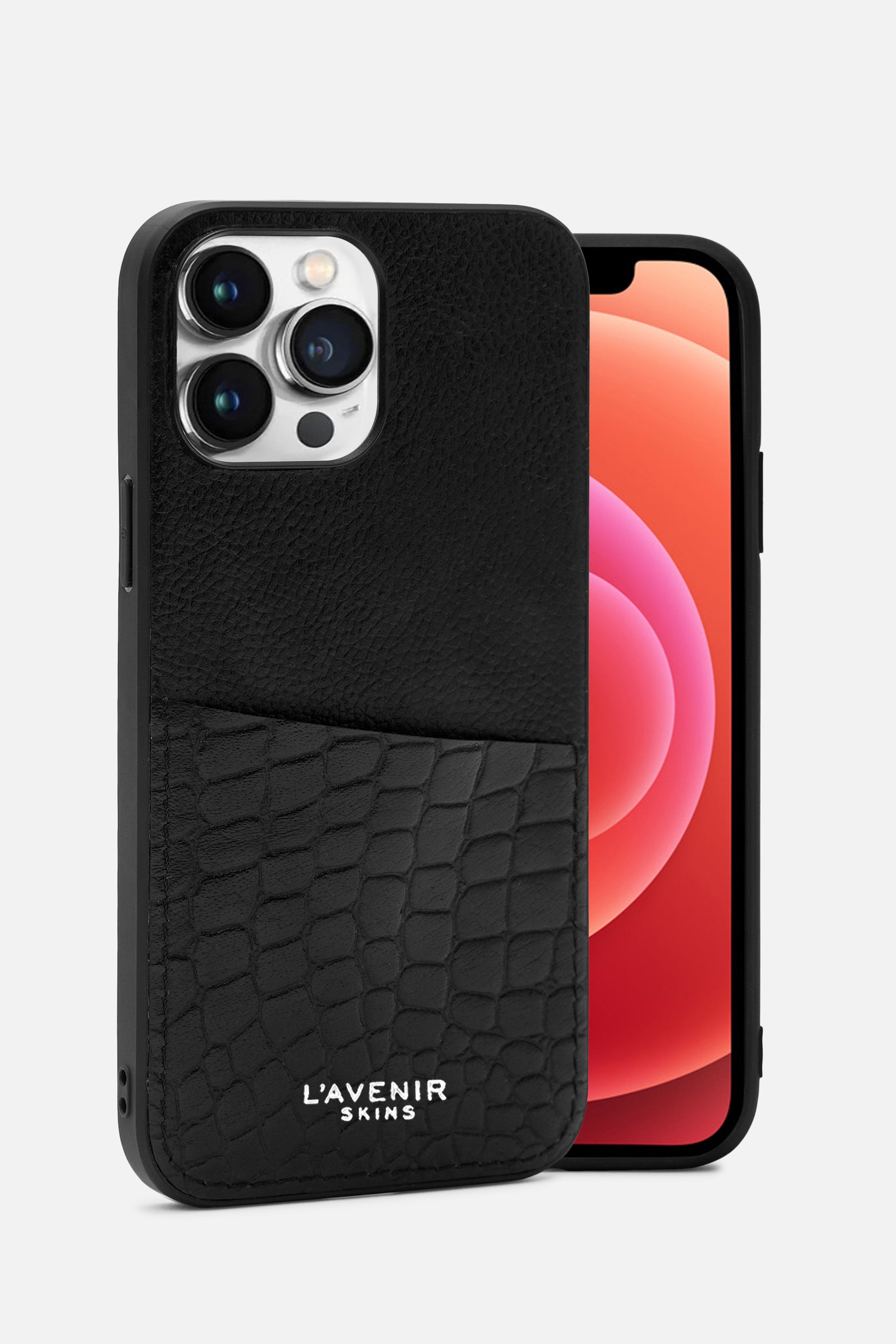 Iphone Case - Card Pocket - Black & Black Croco Print