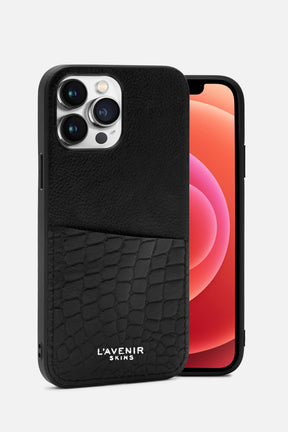 Iphone Case - Card Pocket - Black & Black Croco Print