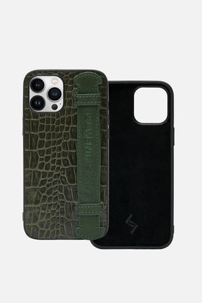 iPhone Case With Strap - Croco Deep Lichen Green