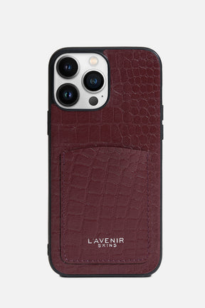 iPhone Case With Card Pocket - Croco Wine