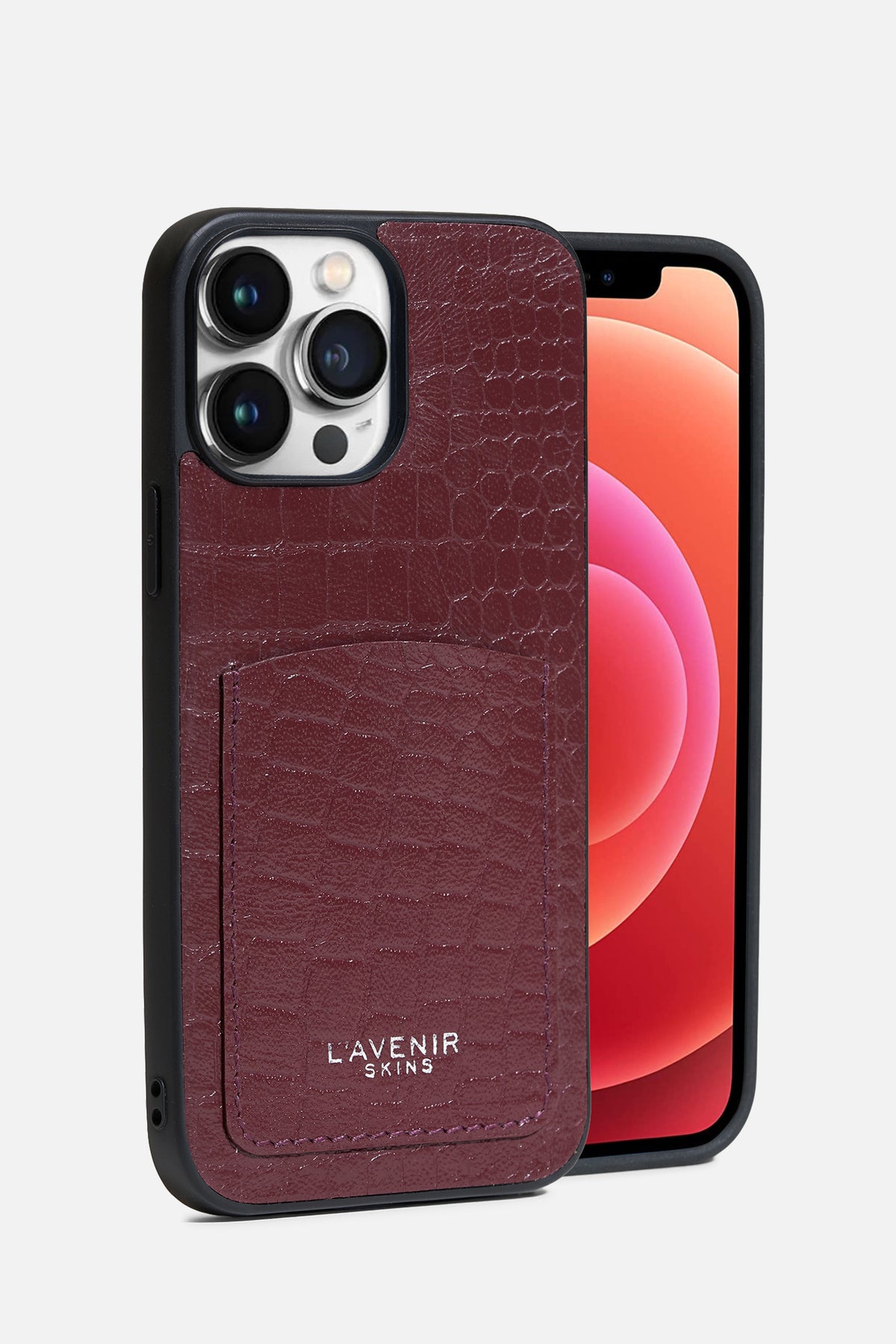 iPhone Case With Card Pocket - Croco Wine