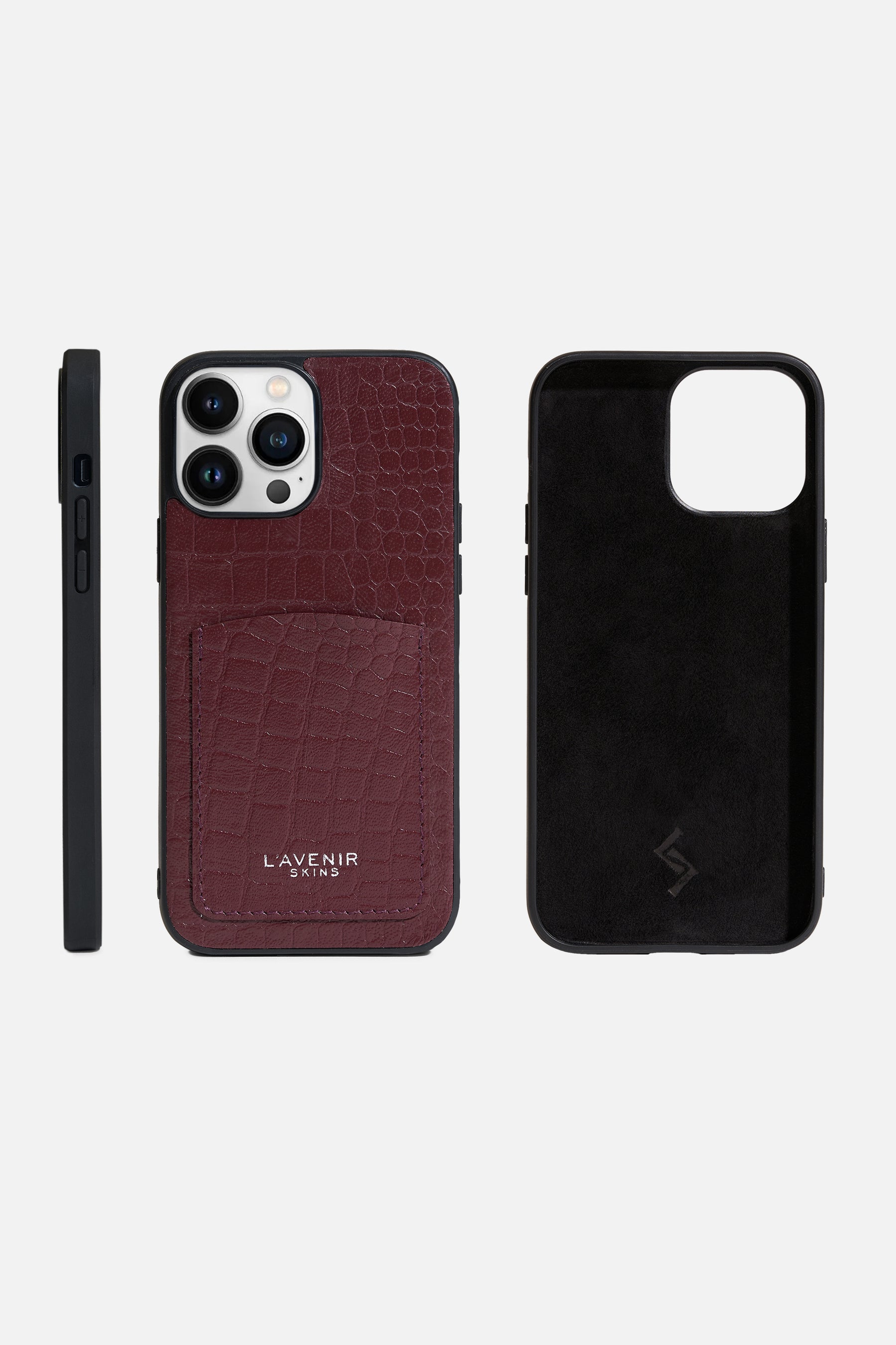 IPHONE CASE WITH CARD POCKET - CROCO LEATHER - WINE