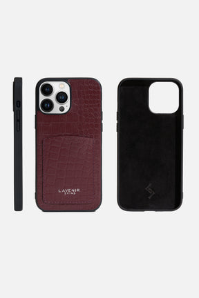 iPhone Case With Card Pocket - Croco Wine
