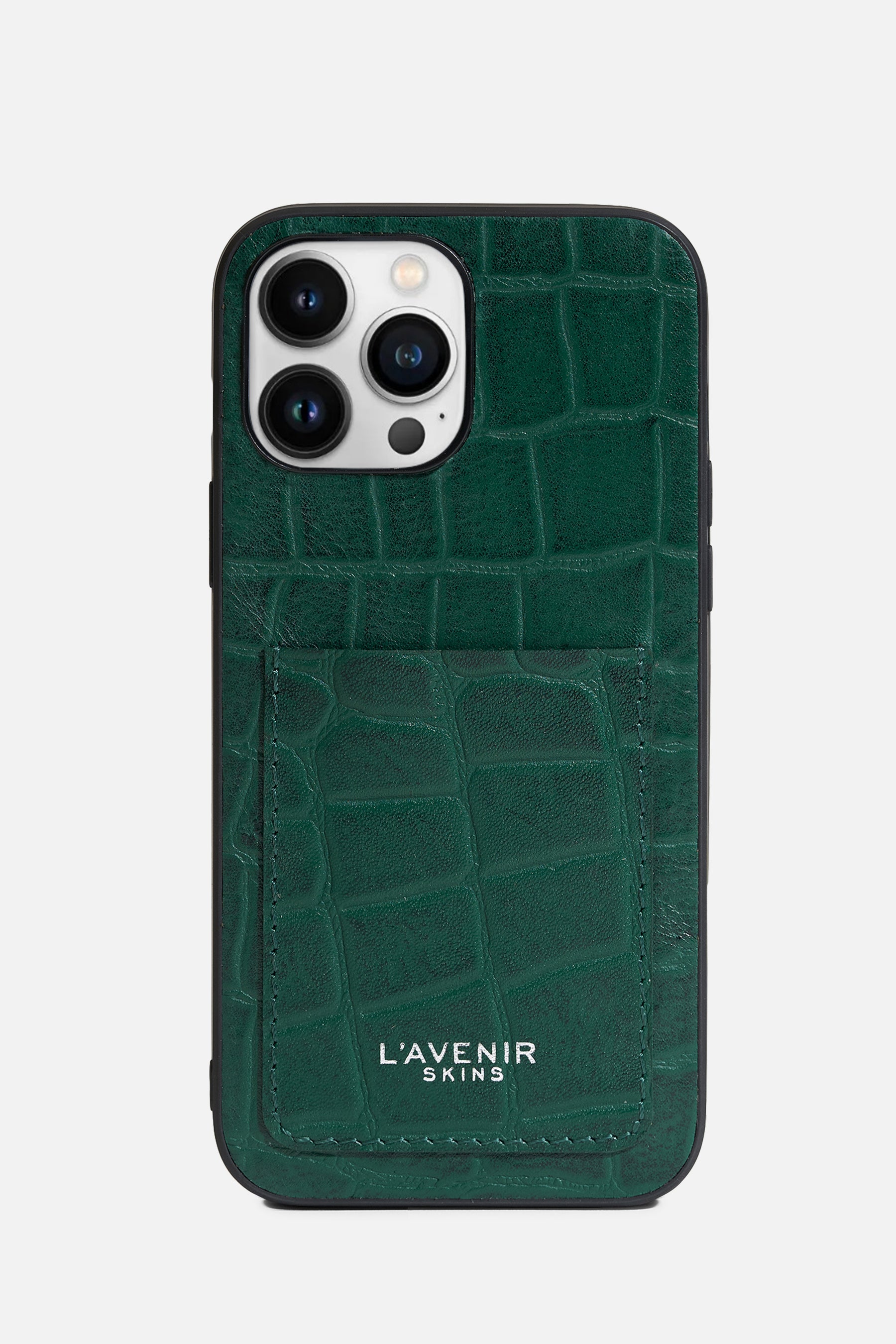IPHONE CASE WITH CARD POCKET - CROCO LEATHER - FOREST GREEN