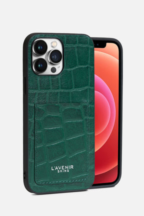 IPHONE CASE WITH CARD POCKET - CROCO LEATHER - FOREST GREEN