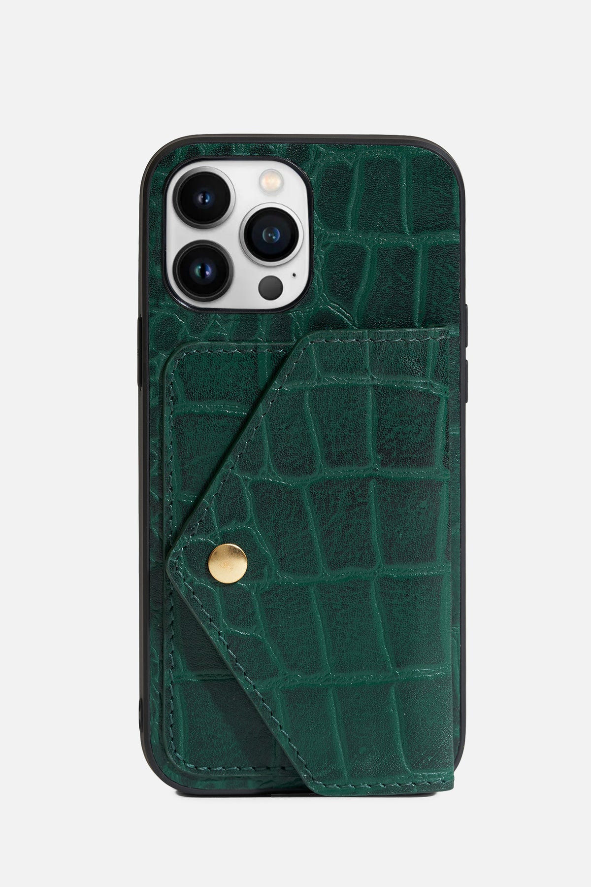 IPHONE CASE WITH FLAP POCKET - CROCO LEATHER  - FOREST GREEN