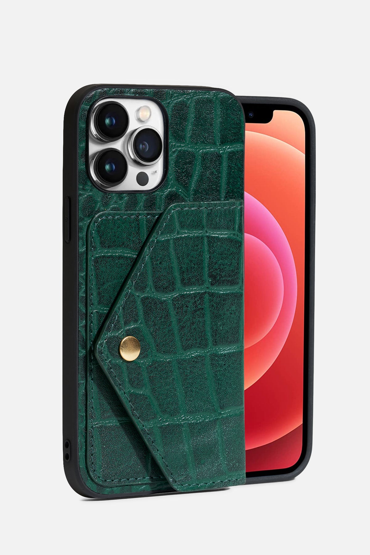 IPHONE CASE WITH FLAP POCKET - CROCO LEATHER  - FOREST GREEN