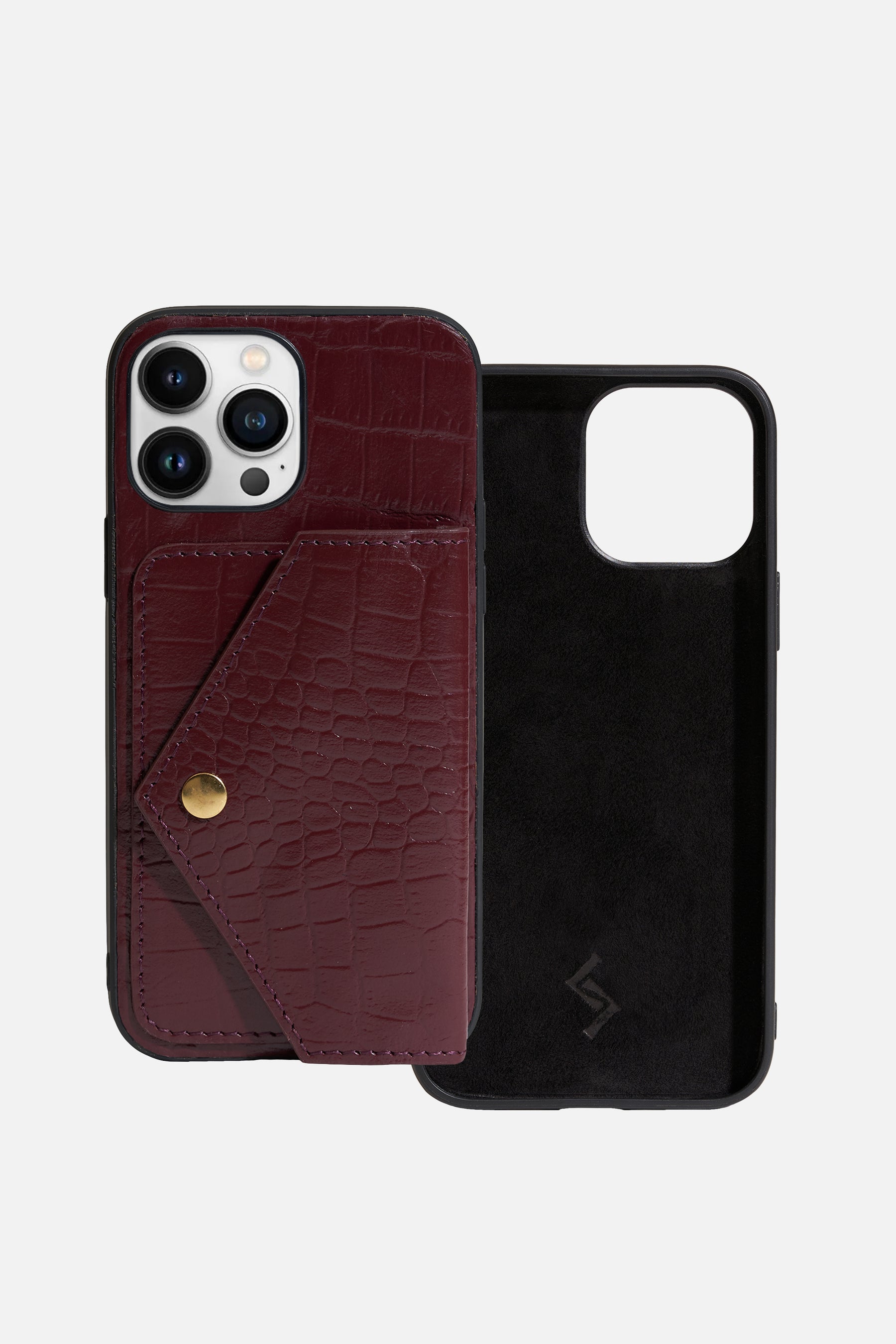 iPhone Case With Flap Pocket - Croco Wine
