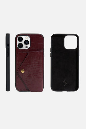 iPhone Case With Flap Pocket - Croco Wine