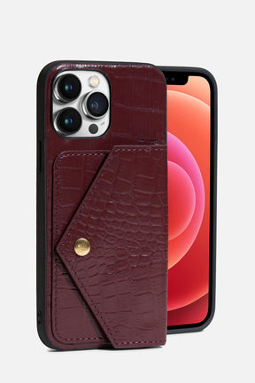 iPhone Case With Flap Pocket - Croco Wine
