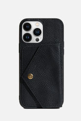 IPHONE CASE WITH FLAP POCKET - GRAINY LEATHER - BLACK