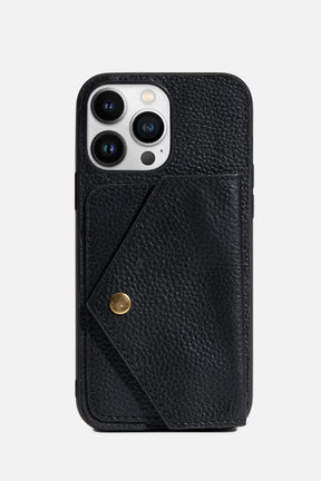 IPHONE CASE WITH FLAP POCKET - GRAINY LEATHER - BLACK