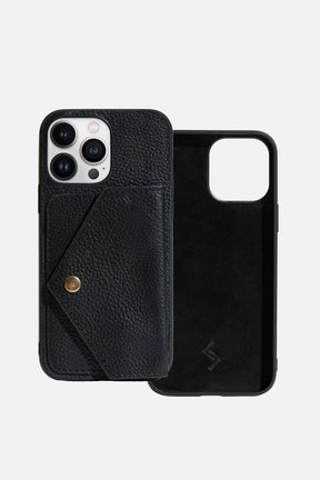 IPHONE CASE WITH FLAP POCKET - GRAINY LEATHER - BLACK