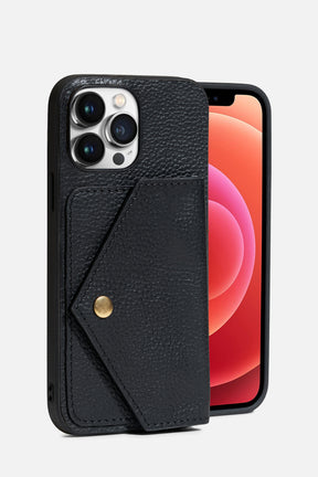 IPHONE CASE WITH FLAP POCKET - GRAINY LEATHER - BLACK