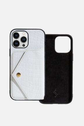 iPhone Case With Flap Pocket - Croco White
