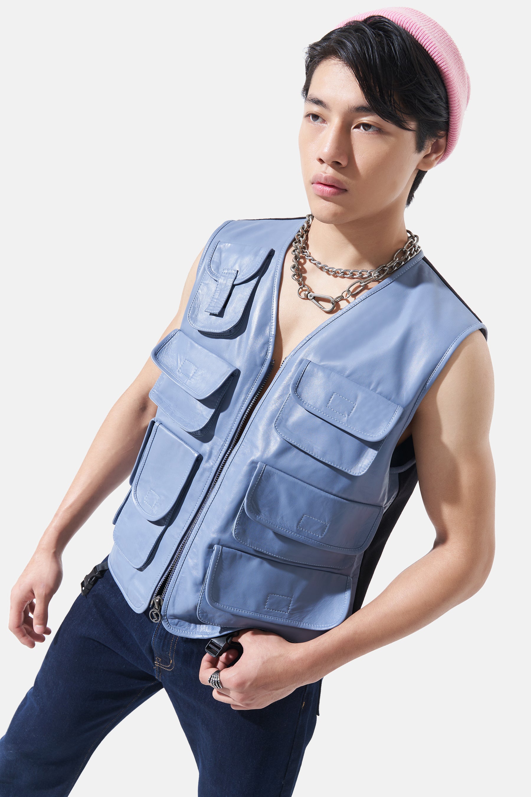 Otis - Leather Utility Gilet - Smoke Blue