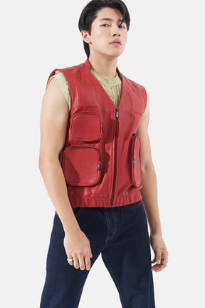 Edur - Leather Utility Gilet - Red