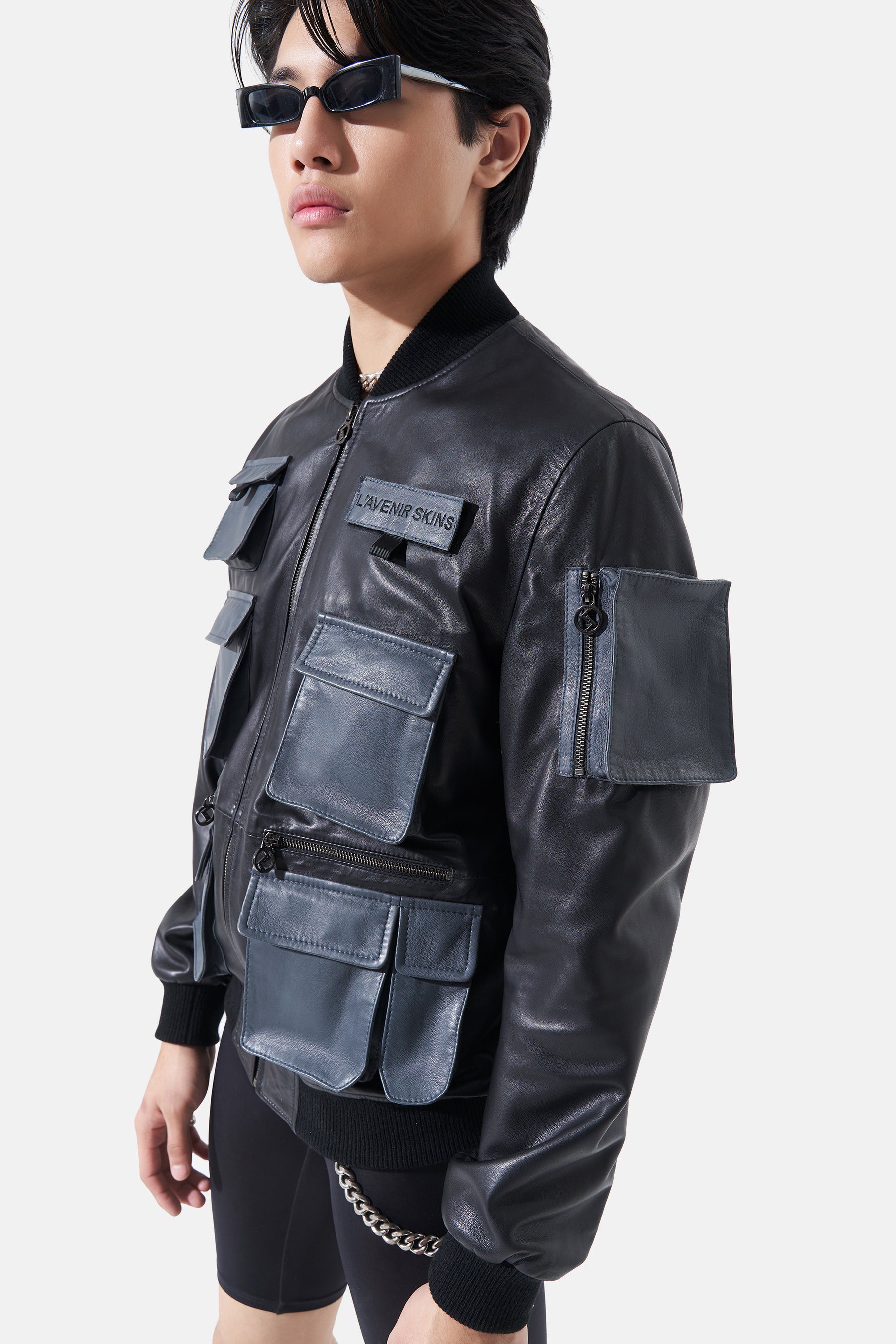 Oskar - Leather Utility Jacket - Black & Grey