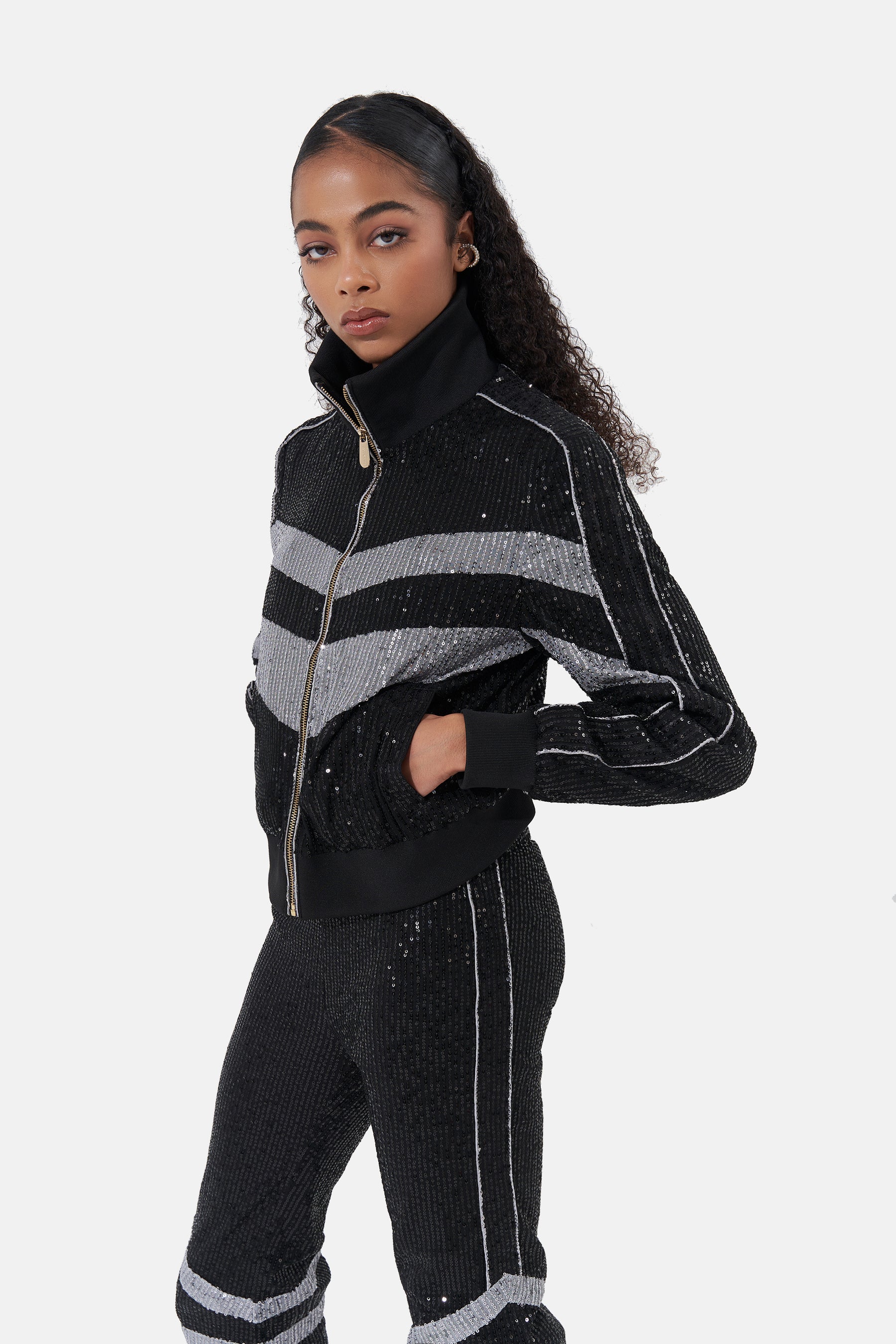 Tokyo - Sequin Track Suit - Black & Silver