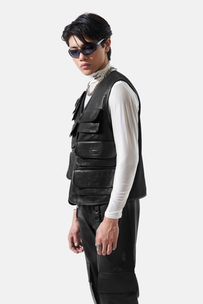 Otis - Leather Utility Gilet - Black