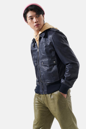 Castor - Leather Bomber Jacket - Navy