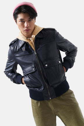 Castor - Leather Bomber Jacket - Navy