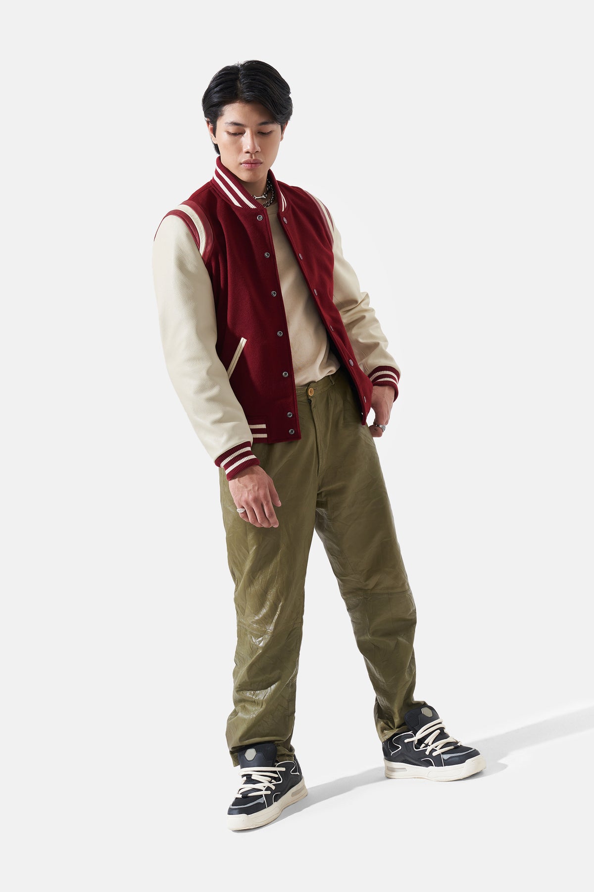 Magnus - Leather Varsity - Burgundy & Off White