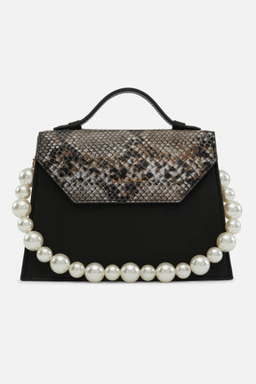 Miami - Pearl Handle Bag - Black With Python Print