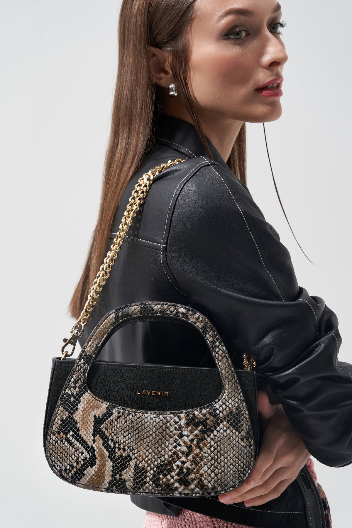 L'avenir - Moon Sling With Additional Pearl handle - Black With Python Print