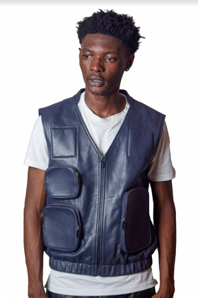 Edur - Leather Utility Gilet - Ink Blue