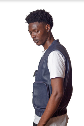 Edur - Leather Utility Gilet - Ink Blue