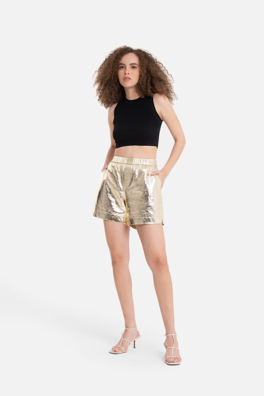 Ines - Metallic Leather Shorts - Gold