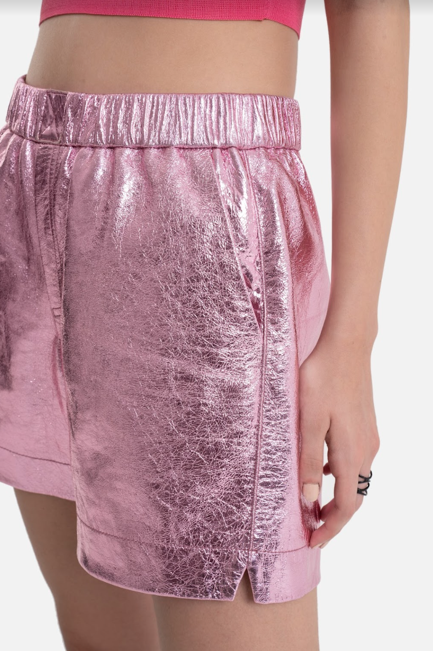 Ines - Metallic Leather Shorts - Pink Metallic