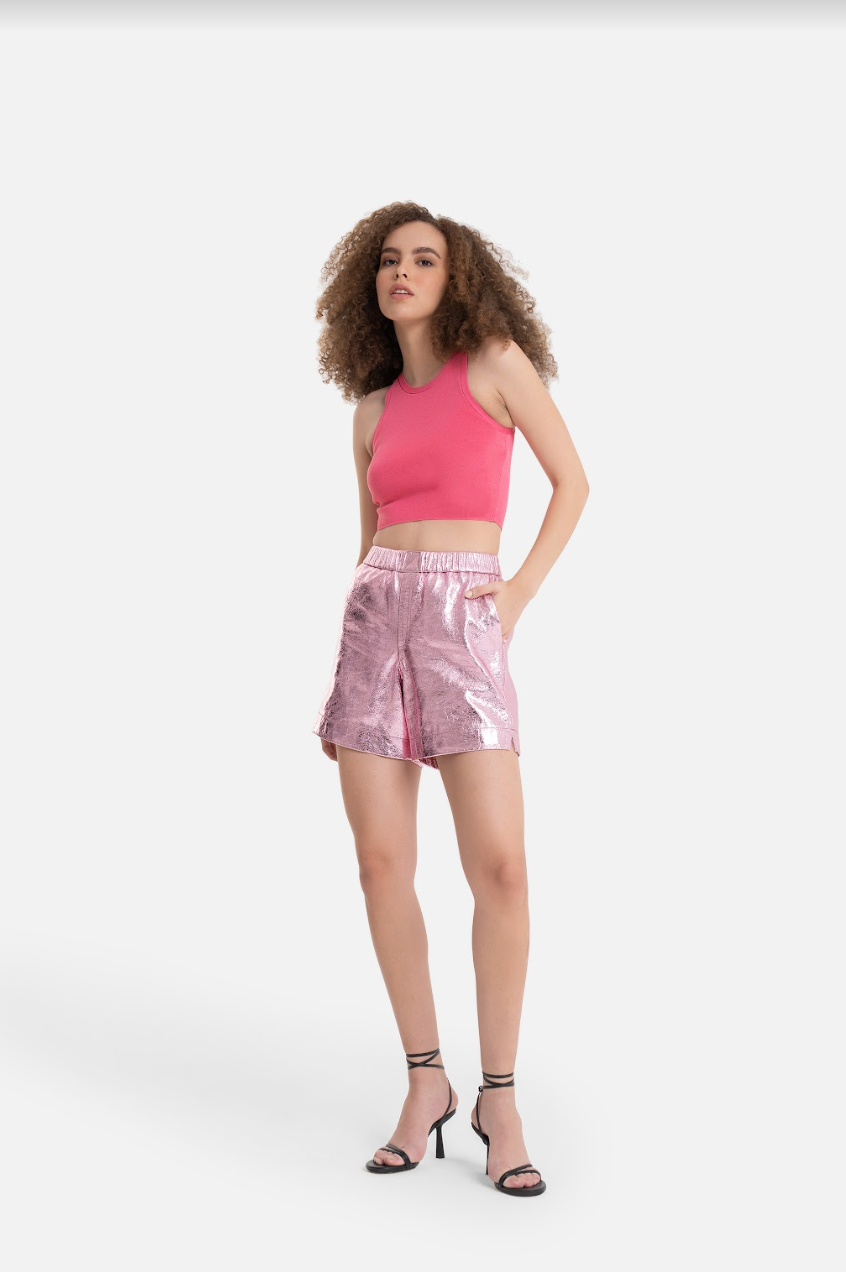 Ines - Metallic Leather Shorts - Pink Metallic