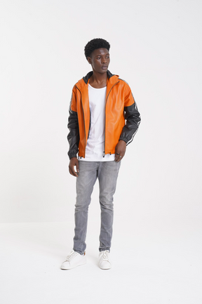 Rocco - Leather Hooded Jacket - Orange & Black