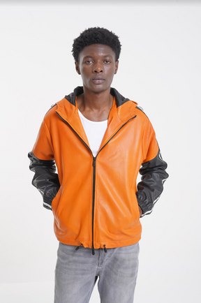 Rocco - Leather Hooded Jacket - Orange & Black