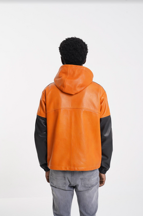 Rocco - Leather Hooded Jacket - Orange & Black