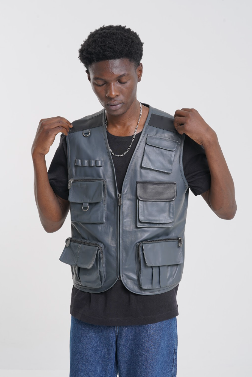 Palm - Leather Utility Gilet - Grey & Black