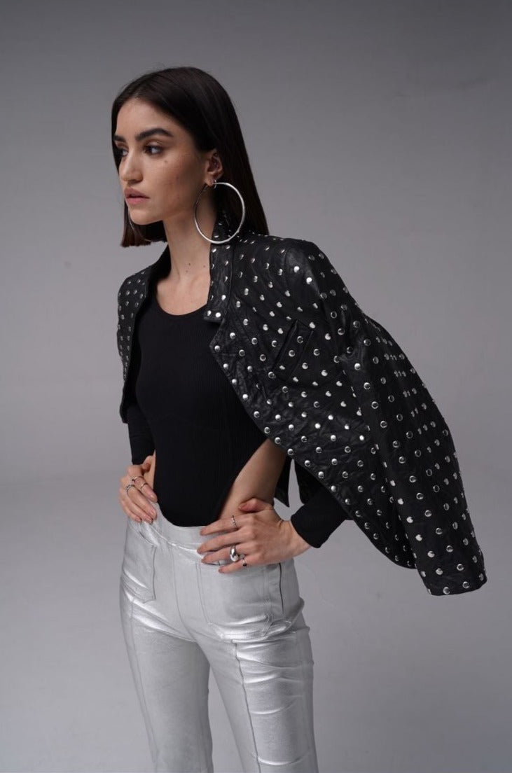 Lida - Leather Studded Blazer - Black