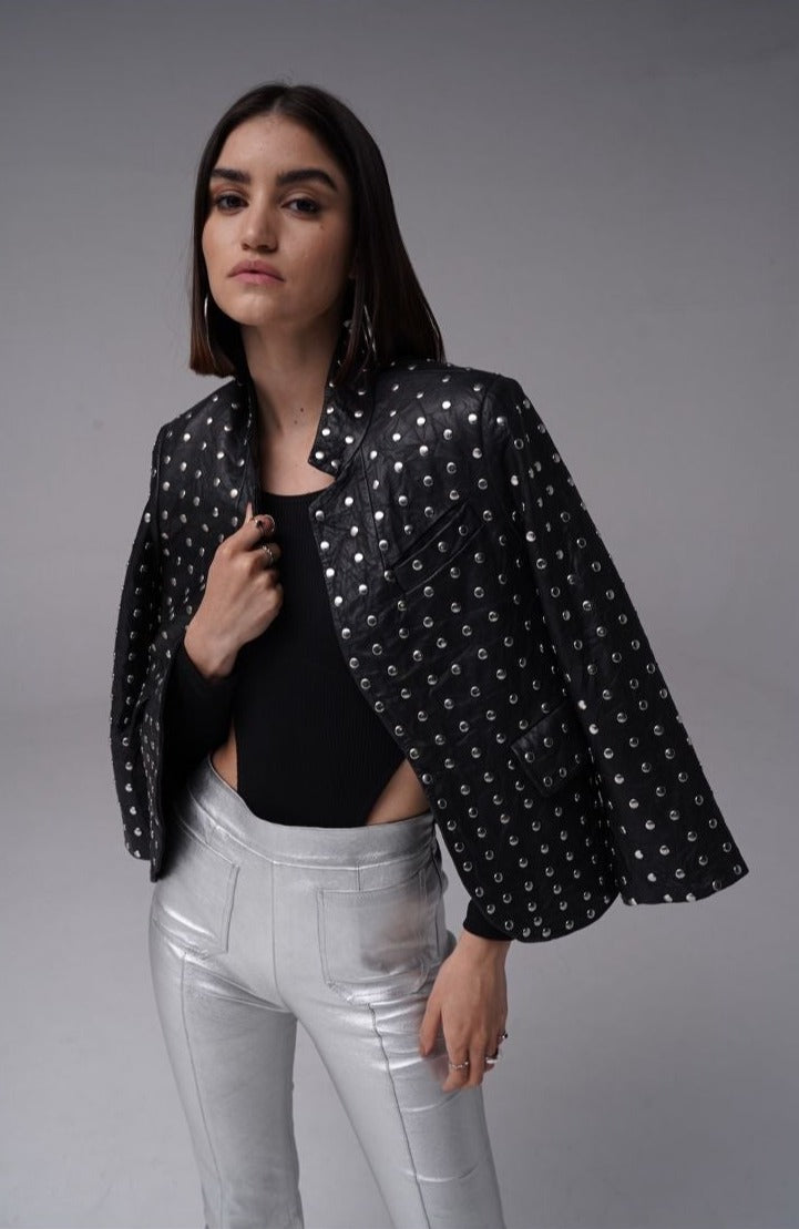 Lida - Leather Studded Blazer - Black