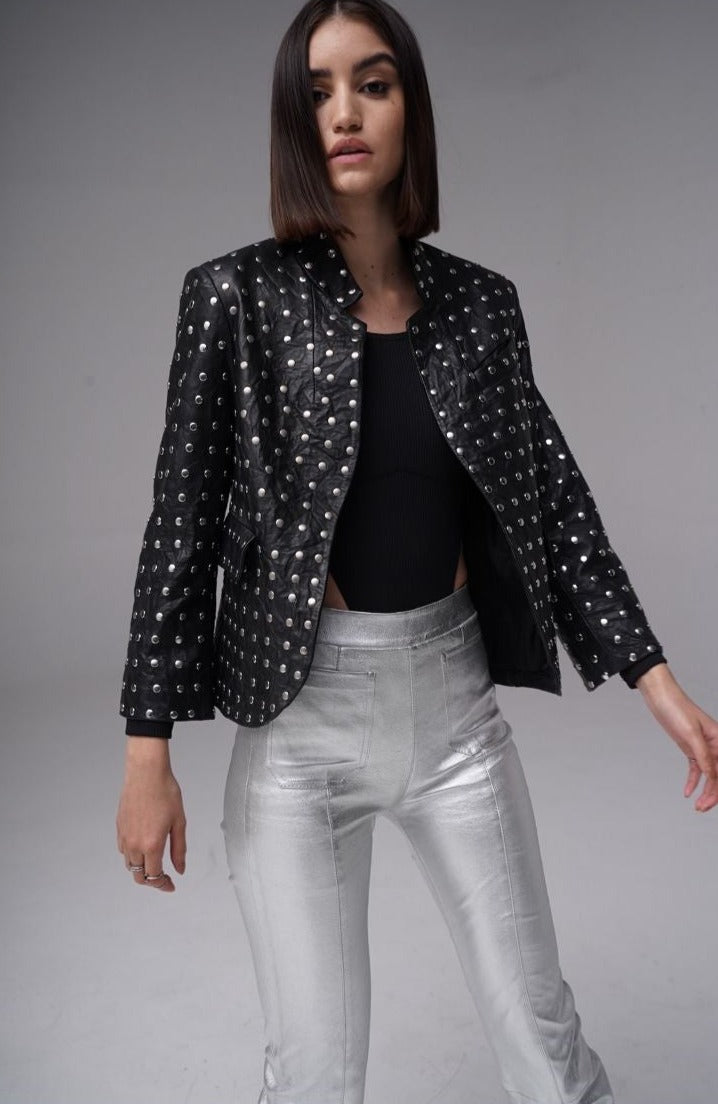 Lida - Leather Studded Blazer - Black