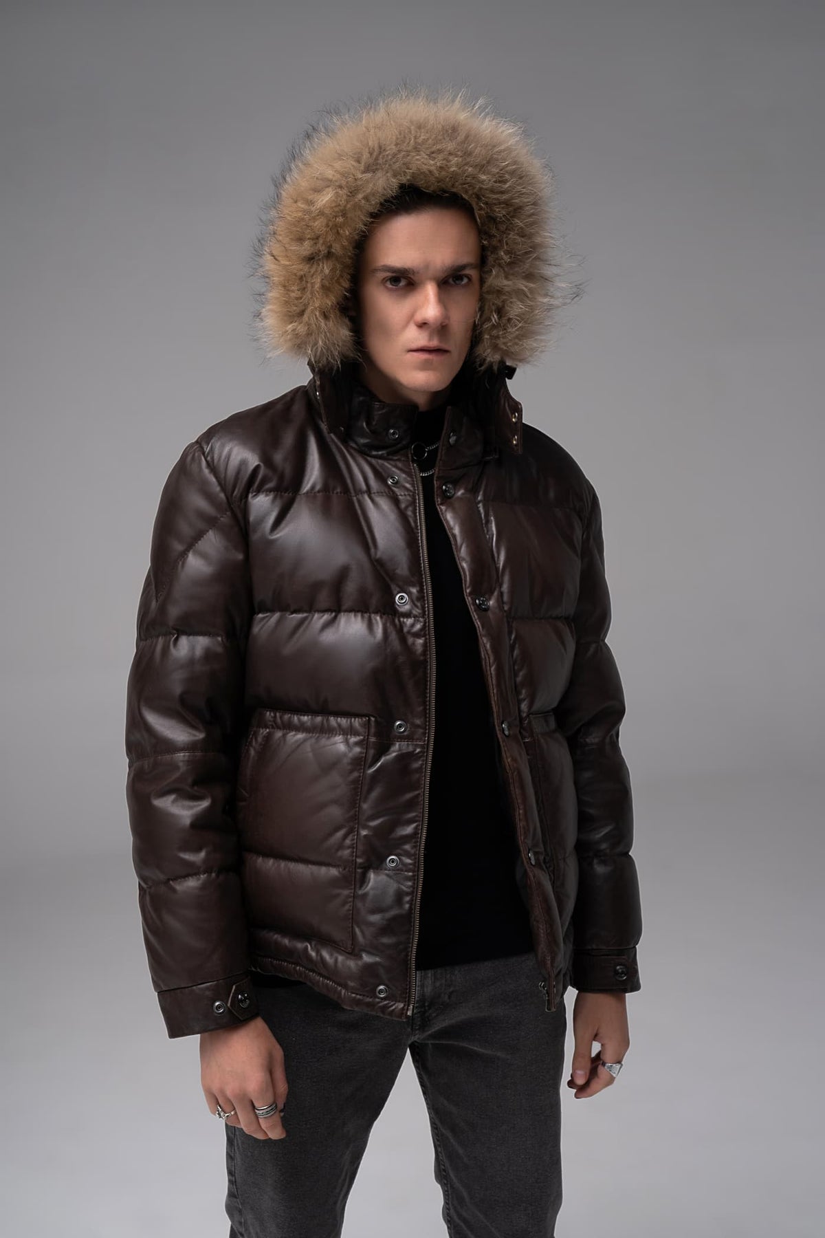 Troy - Leather Hooded Puffer Jacket - Chocolate Brown
