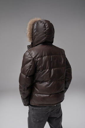 Troy - Leather Hooded Puffer Jacket - Chocolate Brown