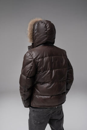 Troy - Leather Hooded Puffer Jacket - Chocolate Brown