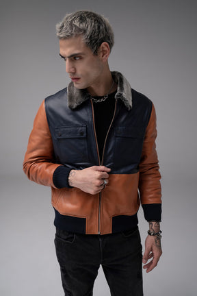 Zeus - Leather Fur Collar Jacket - Orange & Navy